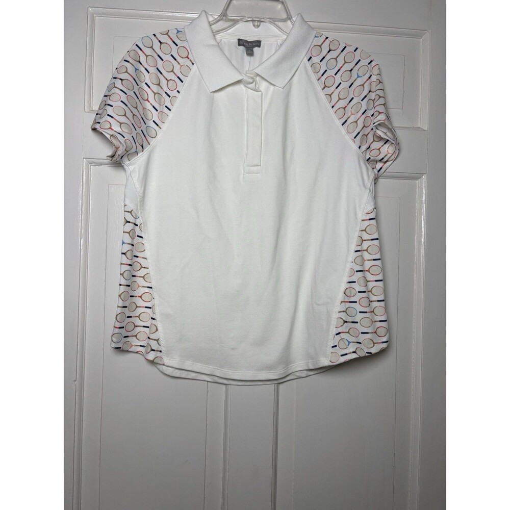 T By Talbots Polo Shirt White Tennis Racket Print Women’s M Sportswear